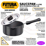 Futura Hard Anodised Ezee Pour Saucepan 2L, 18 cm, 3.25 mm with SS Lid and Induction Compatible Base