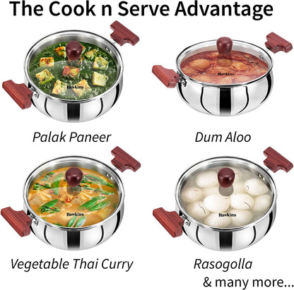 Hawkins Futura Steel Cook N Serve Handi with Glass Lid, 3.0 Litre Capacity