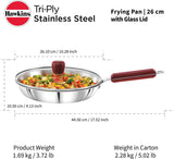 HAWKINS Triply 3 mm Stainless Steel Frying Pan 26 cm with Lid, 1 LTR, Silver (SSF26G)