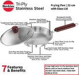 Hawkins - SSF22G Tri-ply Stainless Steel Frying Pan 22 cm with Glass Lid