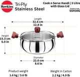 Hawkins Futura Steel Cook N Serve Handi with Glass Lid, 3.0 Litre Capacity