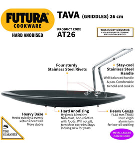 Hawkins Aluminium Futura Hard Anodised Tava, Diameter 26 cm, Thickness 4.88 mm (Black) AT26