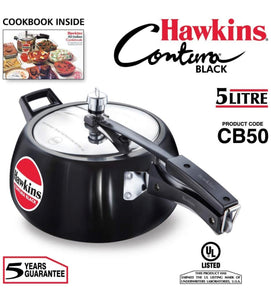 Hawkins Contura Black Pressure Cooker, 5 Litre, Black (Hard Anodized - CB50)