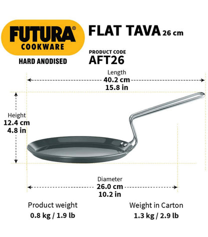Hawkins Futura Aluminium Hard Anodised Flat Tava, Diameter 26 cm, Thickness 4.88 mm, Black (AFT26)